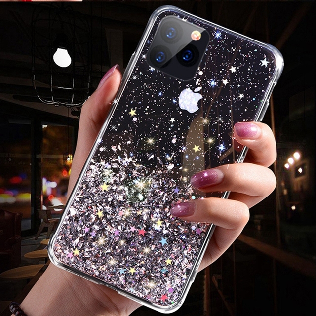 Girls Phone Cases Covers Shiny Glitter Bling Stars Transparent