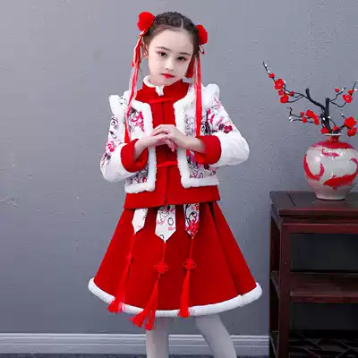 Girls and children's New Year Tang clothing winter plus cotton plus velvet thickening suit two-piece children's Chinese style New Year's clothing