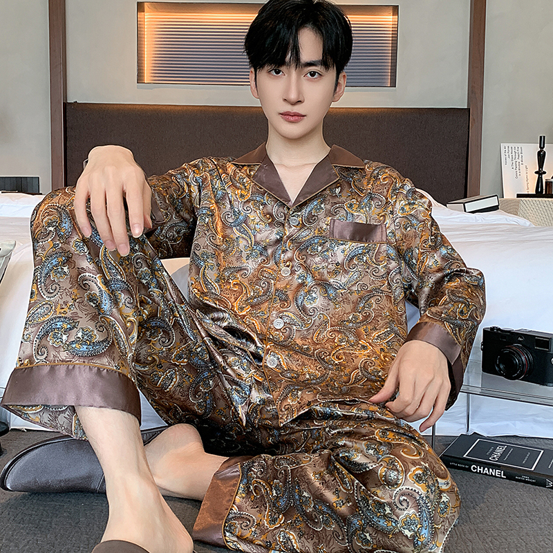 High-End Ice Silk Pajamas for Men, Spring and Autumn Long-Sleeved Thin Imitation Silk Home Wear, Large Size Set, Suitable for All Seasons