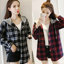 Plaid hooded shirt womens spring and autumn new Korean bf loose long-sleeved thin jacket wild student medium-long cardigan