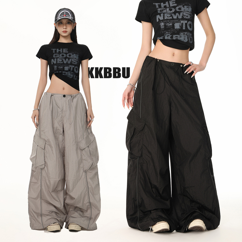 Kkbbu American Retro Quick-Drying Multi-Pocket Cargo Pants for Women, Loose Straight-Leg Wide-Leg Casual Sports Drawstring Long Pants