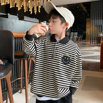 Childrens handsome striped polo shirt pure cotton long sleeve t-shirt boy fit 2021 new tidal spring autumn-style fried street blouse