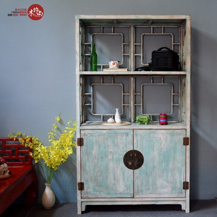 Solid Wood Hollowed-out Engraving Bookcase High Holding Cabinet Cabinets New Chinese Vintage Furniture Show for the Old Mediterranean