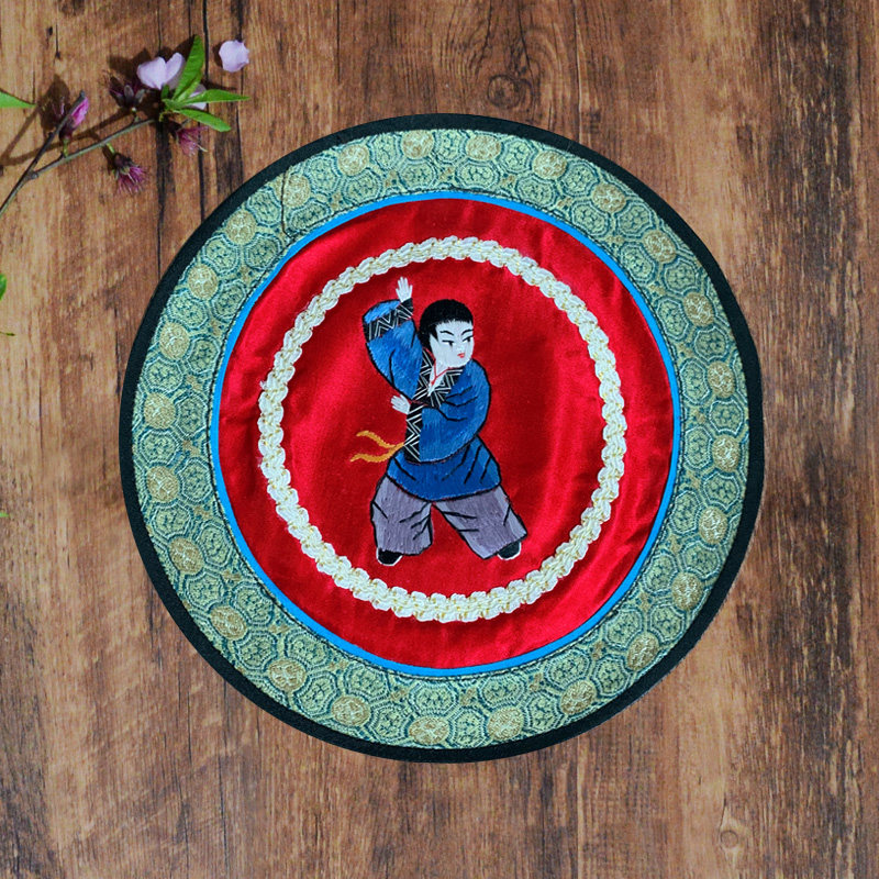 Hand embroidered old embroidered piece mat Beijing embroidered figure embroidered Chinese style cup cushion pot cushion Chinese style gift real silk