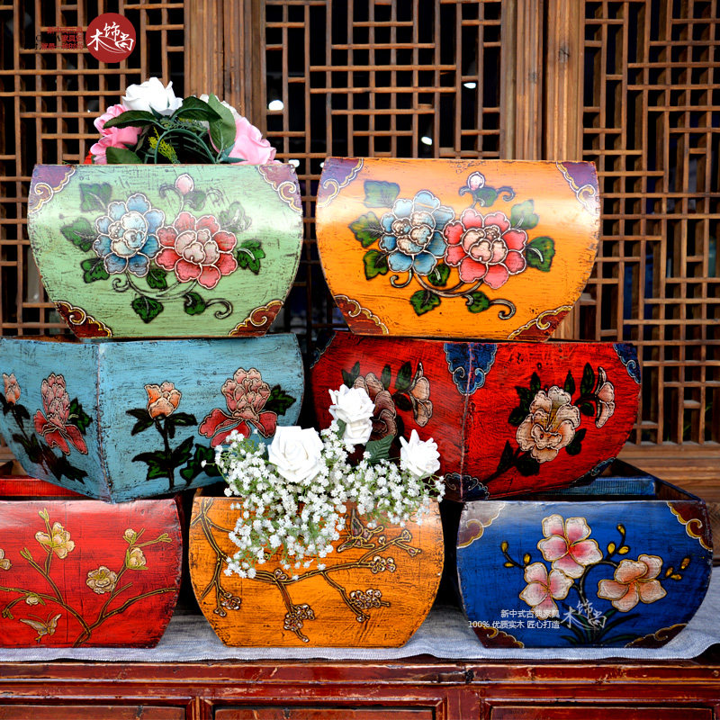 Solid wood rice bucket hand-painted flower ornaments liter decorative flower device Chinese imitation retro do the old days into the bucket gold lucky luck