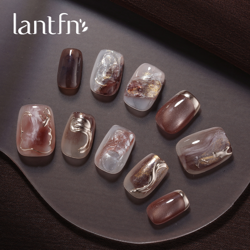 Ltf Original [Nordic Journey] Handmade Wearable Nails Short Style 2026 Dark Brown Glaze Gradient Gold Nail Art