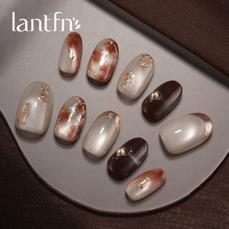 Ltf Original [Cinnabar Ember] Handmade Wearable Nails Long Style 2026 Milk Tea Brown Amber Gold Foil Vintage Manicure