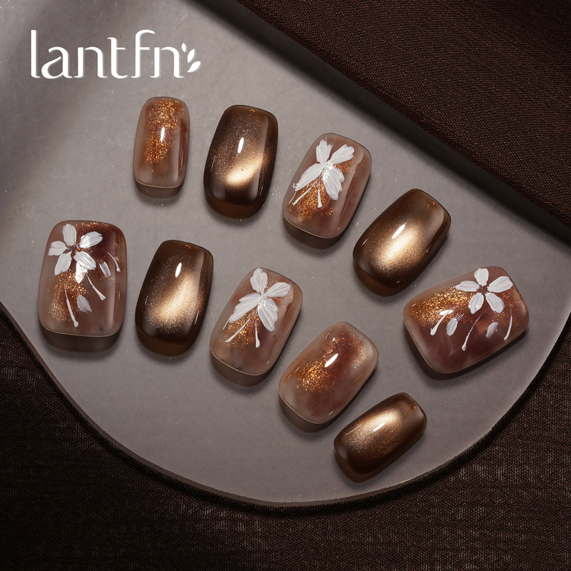 Ltf Original [Golden Amber Beauty] Purely Handmade Wearable Nails Short Style 2026 Amber Brown Gradient Hand-Painted Butterfly Nail Art
