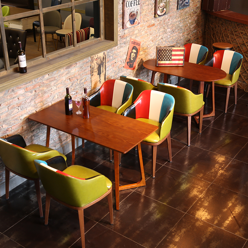 Nordic Retro Casual Talks Milk Tea Sweet Shop Solid Wood Table And Chairs Combined Themed West Restaurant Cafe Sofa Chair