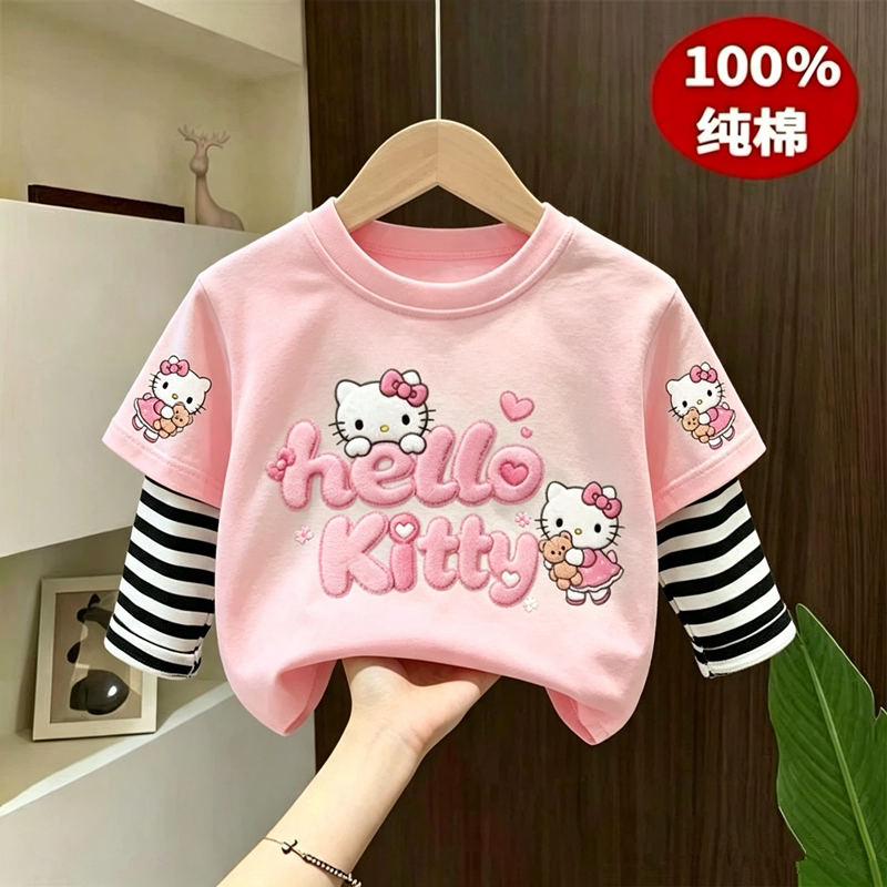 Girls' Two-Piece Style Spring and Autumn New Long-Sleeve T-Shirt with Cartoon Design, Stylish and Versatile, Fashionable Striped Base Shirt for Babies