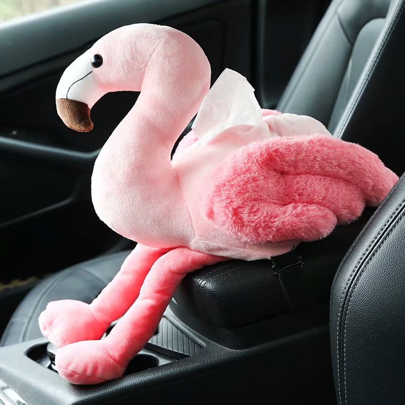 Flamingo car tissue box Creative cartoon pink pig armrest box seat type plush napkin pumping car tissue cover