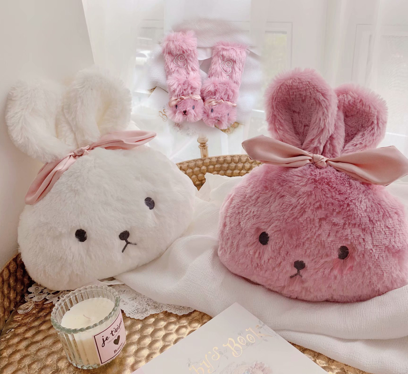 Cute rabbit car neck pillow seat pillow plush belt cover cartoon cervical headrest autumn and winter car pillow