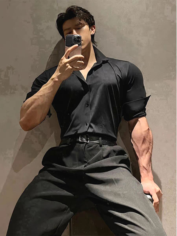 American-Style Fitness Coach Ice Silk Shirt for Muscular Men, Slim Fit, Stretchy, Long-Sleeved, Cool, Thin, Quick-Drying Black Shirt for Casual Sports
