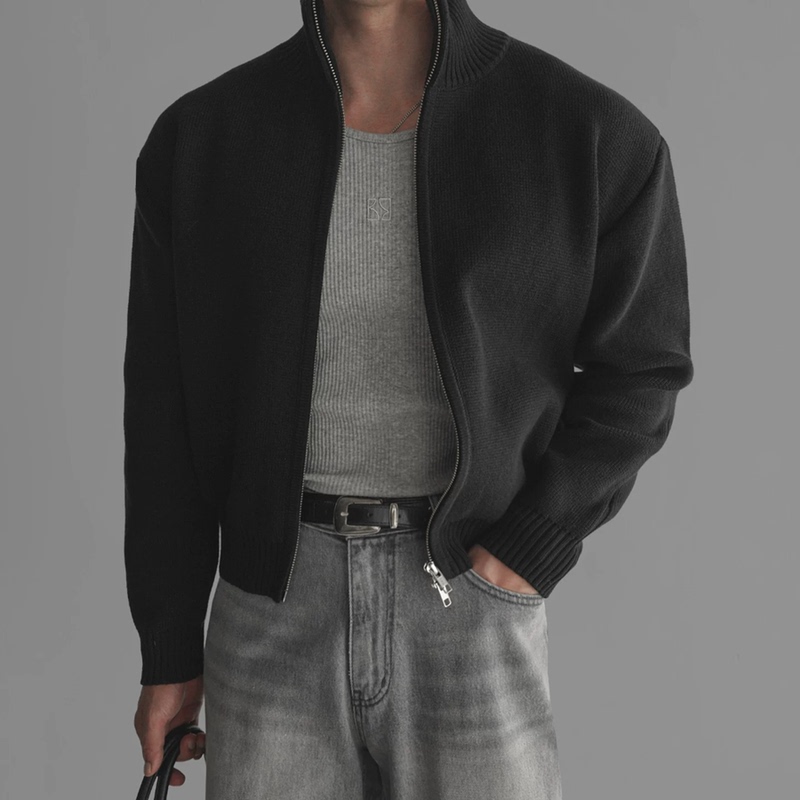 American-Style Double-Zipper Core-Spun Yarn Knitted Cardigan for Men, Stand-Up Collar, Slim-Fit Long-Sleeve Sweatshirt Jacket, Mid-High Collar Sweater Jacket