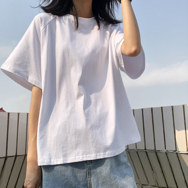 Spring and summer new Hong Kong style side slit casual cotton white short-sleeved T-shirt versatile half-sleeved top ins trendy women