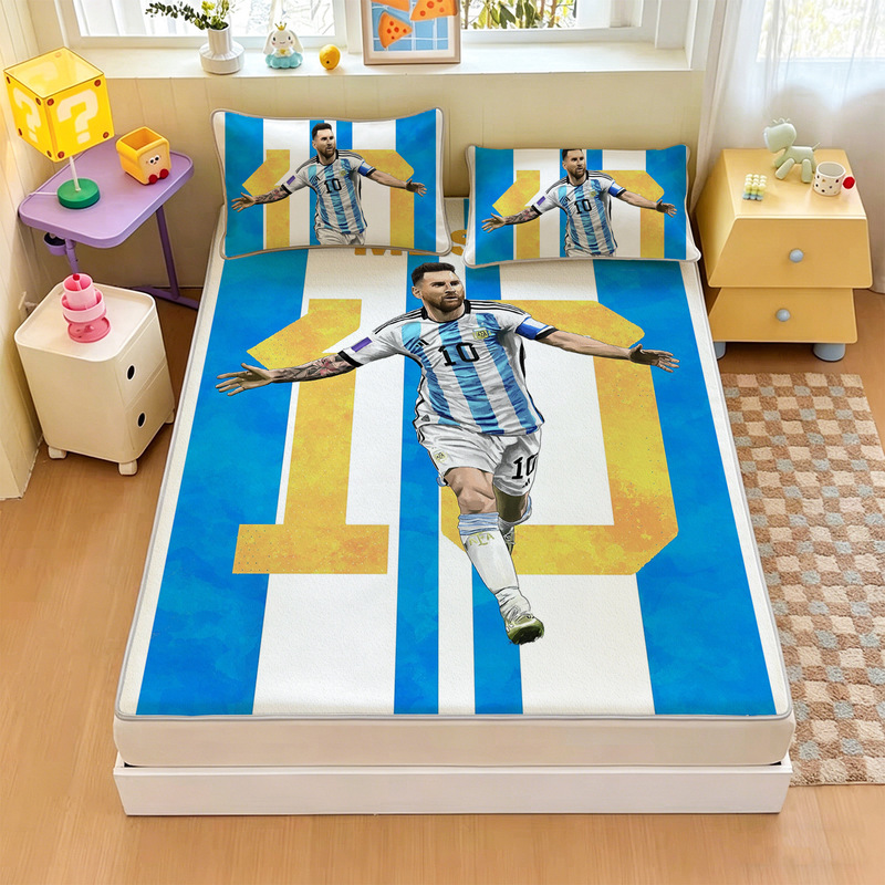 Football Ice Silk Mat 2-Piece Set Manchester City Real Madrid Inter Milan World Cup Summer Cool Soft Mat Cristiano Ronaldo Messi Dormitory