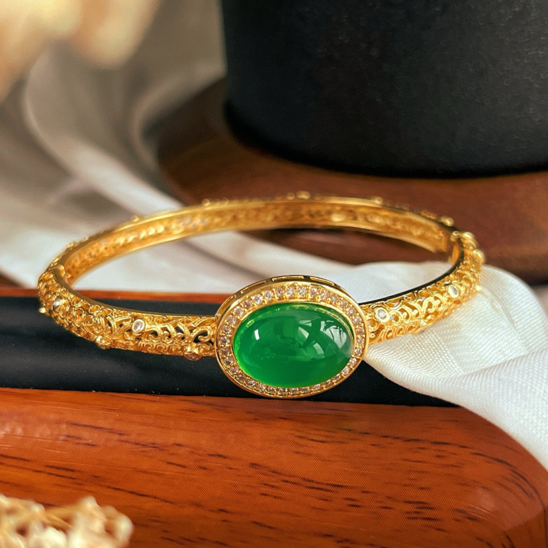 Royal Style, Luxurious Antique Style, Natural Green Chalcedony Bracelet, Open Adjustable Gold-Colored Vintage Filigree Bracelet