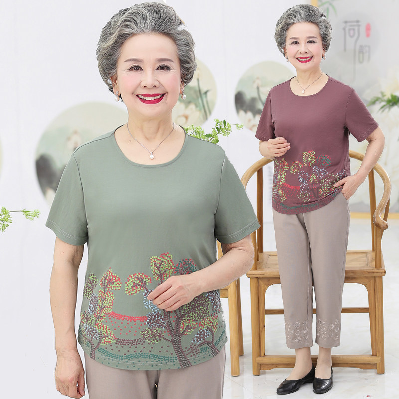 Mid-age summer dress suit Grandma dress short sleeve T-shirt 60-70 year old clothes women's mother dress cotton linen two sets