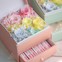 Imported immortal rose gift box Rainbow gradient square with drawer leather Tanabata Valentines Day gift for girlfriend