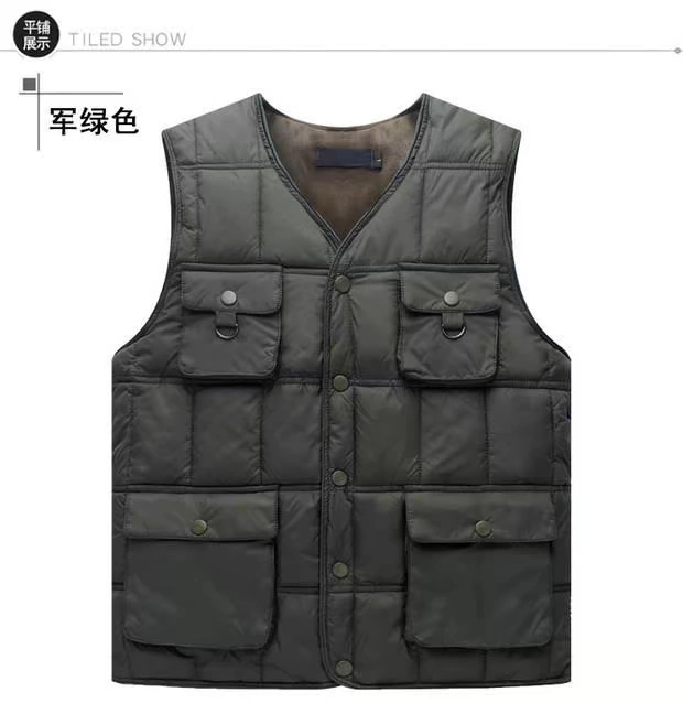 Mùa thu đông trung niên xuống áo vest cotton nam ấm áp cộng với áo lót nhung lót vest vest nhiều túi bố khoác vest nam