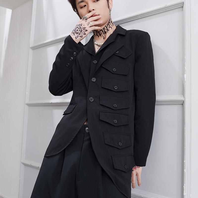Men's Yamamoto-Style Slim-Fit Irregular Dark Suit with Asymmetrical Multi-Pocket Design, Trendy Men's Jacket Men's Yamamoto-Style Slim-Fit Irregular Dark Suit with Asymmetrical Multi-Pocket Design, Trendy Men's Jacket