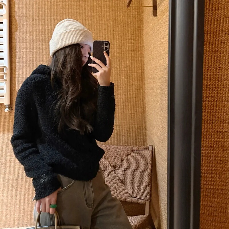 Puff Hooded Zipper Soft Knit Top Women's Autumn and Winter Soft and Lazy Style Zipper Sweater Jacket