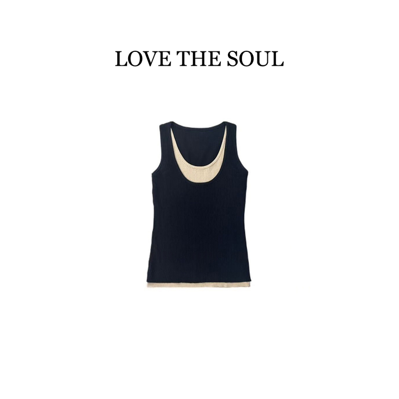 [Island Vacation] Dark Blue Fake Two-Piece Knitted Camisole Top for Women, Summer Layering Wear, Can Be Worn as an Inner Layer or Outerwear