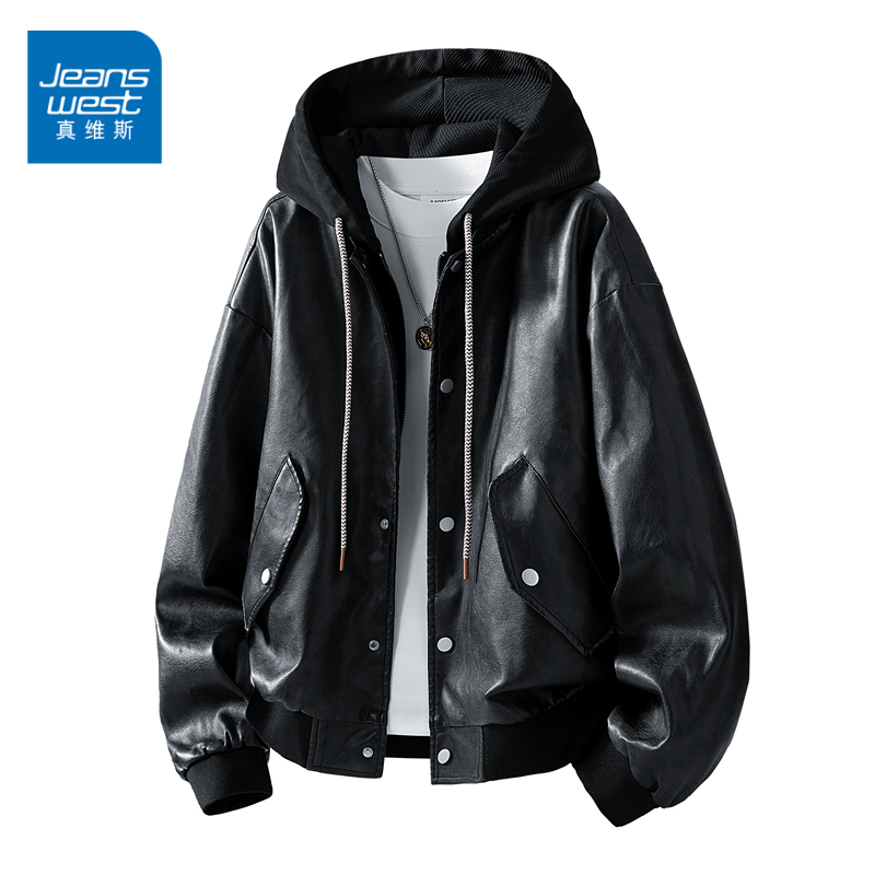 Jeanswest Hooded Motorcycle Leather Jacket for Men 2026 Spring and Autumn New Style Loose Casual Trendy Cool Leather Coat