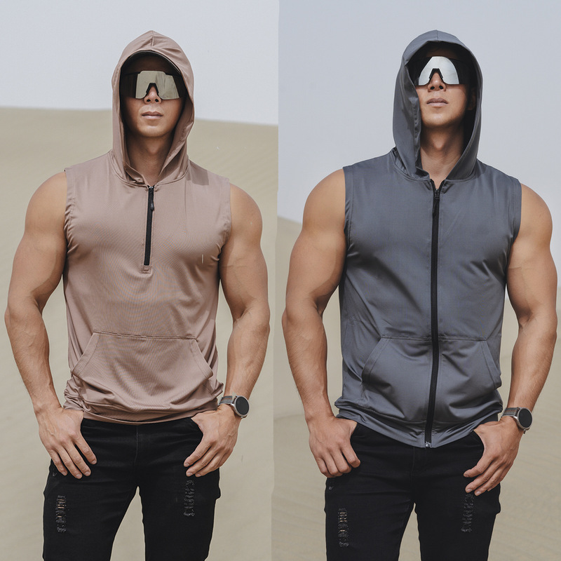 Summer Men's Sports and Leisure Running Fitness Basketball Quick-Drying Elastic Zipper Shirt Hooded Cool Sleeveless Sweatshirt