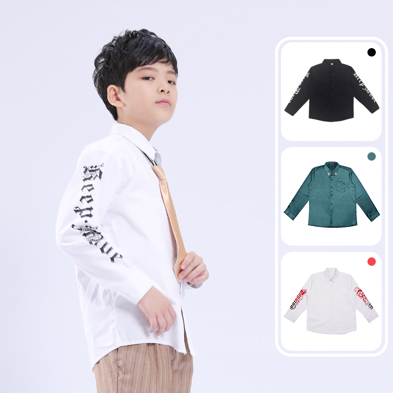 Toddler Popping Street dance white pure cotton shirt children locking black shirt long sleeve performance pure color