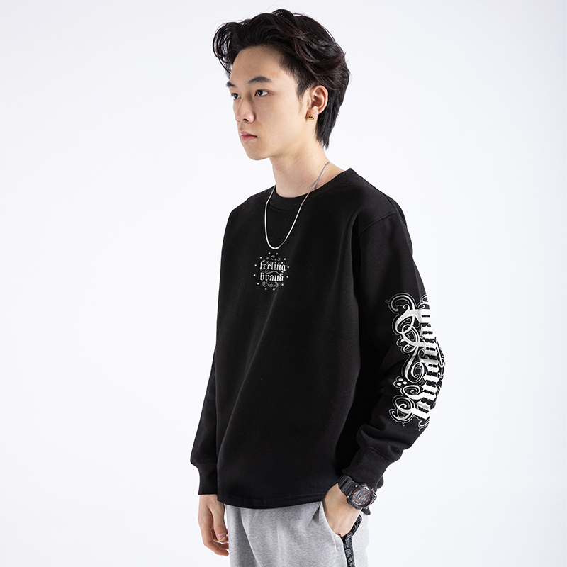 Non-zero denier popping print long-sleeved hip-hop loose American heavyweight small neckline T-shirt skateboard style clothes