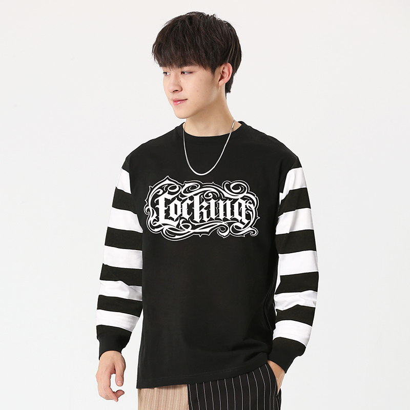 Non-Zeroist American Retro Locking Hip-Hop Long-Sleeved Cotton Cityboy Black and White Stripesd T-Shirt for Men