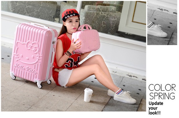 Trẻ em hộp phim hoạt hình xe đẩy trường hợp caster vali nhỏ nữ Hello Kitty dễ thương vali trẻ em 20 inch 24 inch - Va li balo kéo
