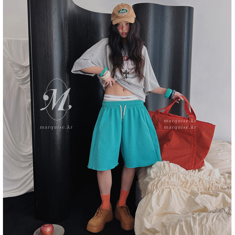 Marquise Same Style Lulu Korean Dongdaemun Purchasing Agent Elastic Drawstring Loose Wide-Leg Five-Point Pants Jogging Pants