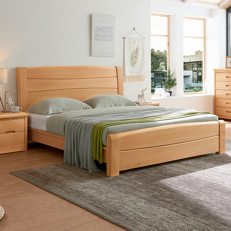 Thickened Solid Wood Bed, Beech Wood Double Bed 1.8, Modern Minimalist Style, Factory Direct Sale, Nordic Natural Wood Furniture Thickened Solid Wood Bed, Beech Wood Double Bed 1.8, Modern Minimalist Style, Factory Direct Sale, Nordic Natural Wood Furniture