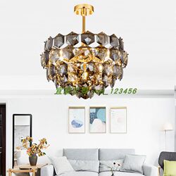 Postmodern Light Luxury Chandelier, Simple Artistic Round Hong Kong-Style Living Room, Dining Room, Bedroom Lighting, Smoky Gray K9 Crystal Chandelier