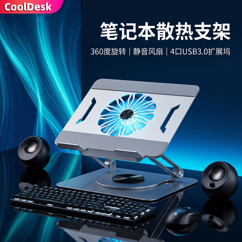 Laptop Rotating Cooler 360-Degree Rotating Foldable Adjustable Stand Silent Fan with USB Docking Station