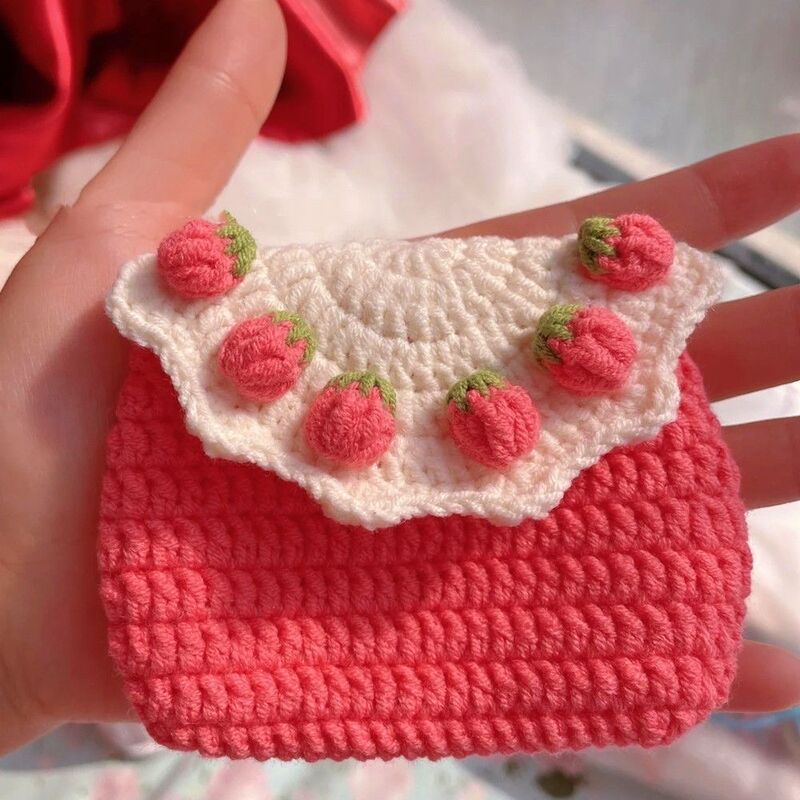 Wool Crochet Finished Product Strawberry Coin Purse Portable Storage Bag Card Holder Jewelry Bag Small Wallet Earphone Bag