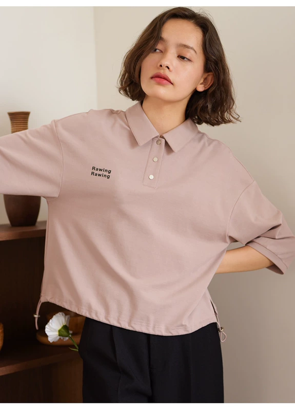 NH Naibo polo cổ áo lỏng lẻo của phụ nữ eo dây rút đèn lồng tay áo polo áo sơ mi letter in năm điểm tay áo T-Shirt áo phông rộng