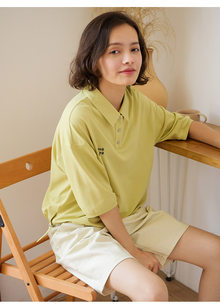 NH Naibo polo cổ áo lỏng lẻo của phụ nữ eo dây rút đèn lồng tay áo polo áo sơ mi letter in năm điểm tay áo T-Shirt áo thun dài tay nữ thu đông