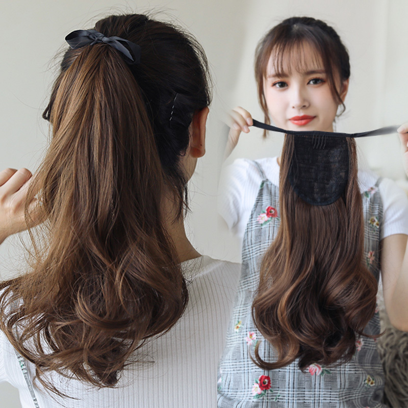 Real Hair Ponytail Wig for Women, Large Wavy Medium-Length Pear Blossom Curls, Short Style, 40 Full Human Hair Strands, Inward Curls, High Braids