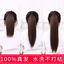 The real hair tail wig female medium long strap strap short straight line red braid all real person hair high horse tail natural