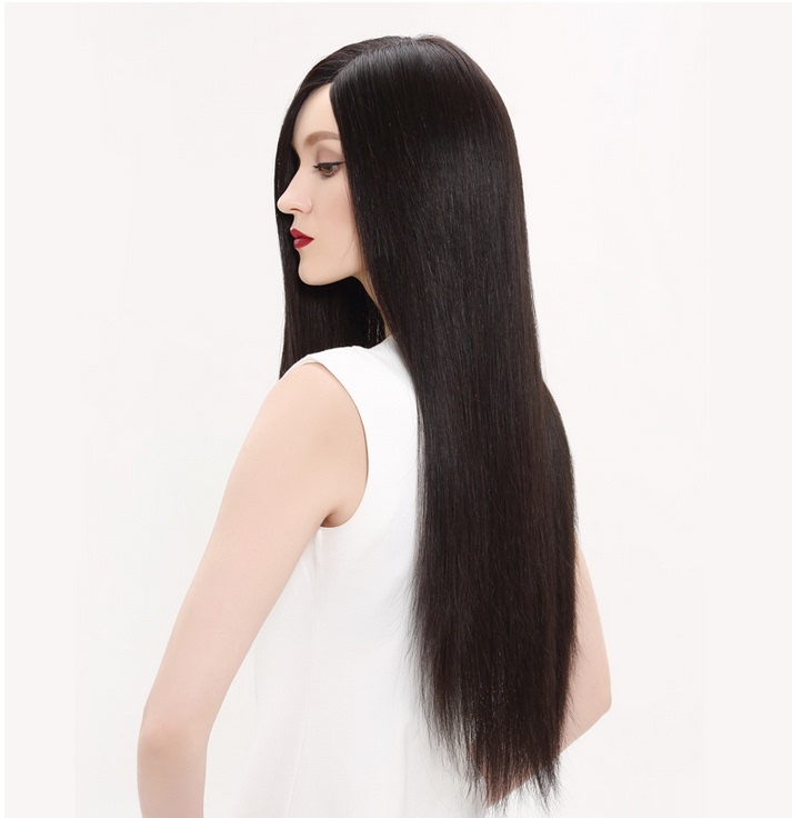 Real Hair Wig, Full Human Hair Wig for Women, Three-Seven Parting, Middle Parting, Side Bangs, Extra Long Straight Hair, Model Real Shot