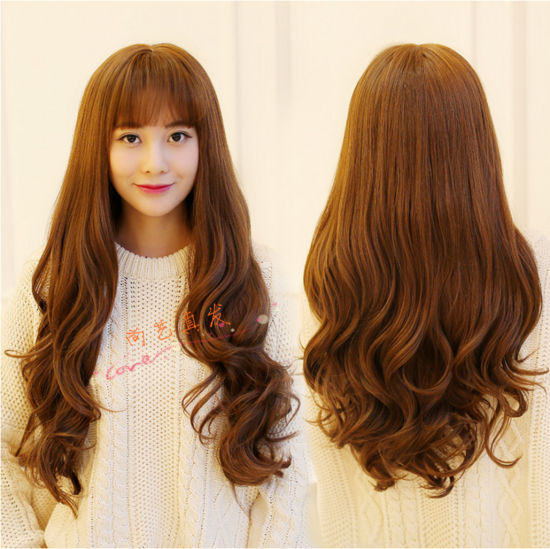 Real Hair Hair Sets Wig Lady Live-action Hair Long Curly Hair Air Zi Liu Hai Fluffy Big Wave Hand Weave The Whole Top Headgear-Taobao