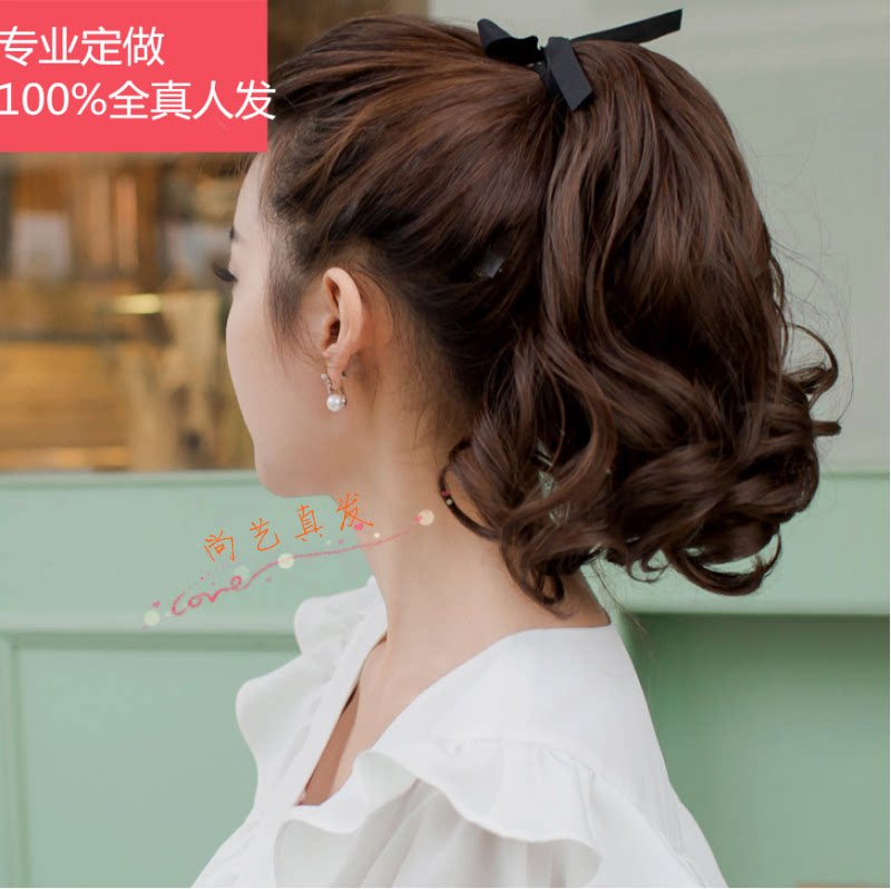 Real Hair Horse Tail Wig woman full real human head haircut 30 mid length large wave short scroll hair band style pear flower braid-Taobao