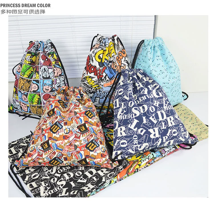 Phong cách Harajuku DrawString ba lô chùm túi ba lô in ấn Dây Rút túi chàng trai và cô gái canvas vẽ đơn giản túi