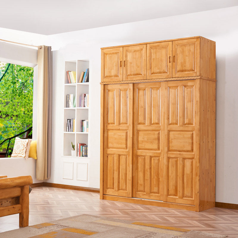 Chinese All-solid Wood Wardrobe Pushdoor Sliding Door Assembled Wardrobe Three Doors Closet Berwood Furniture Bedroom Overall Wardrobe-Taobao