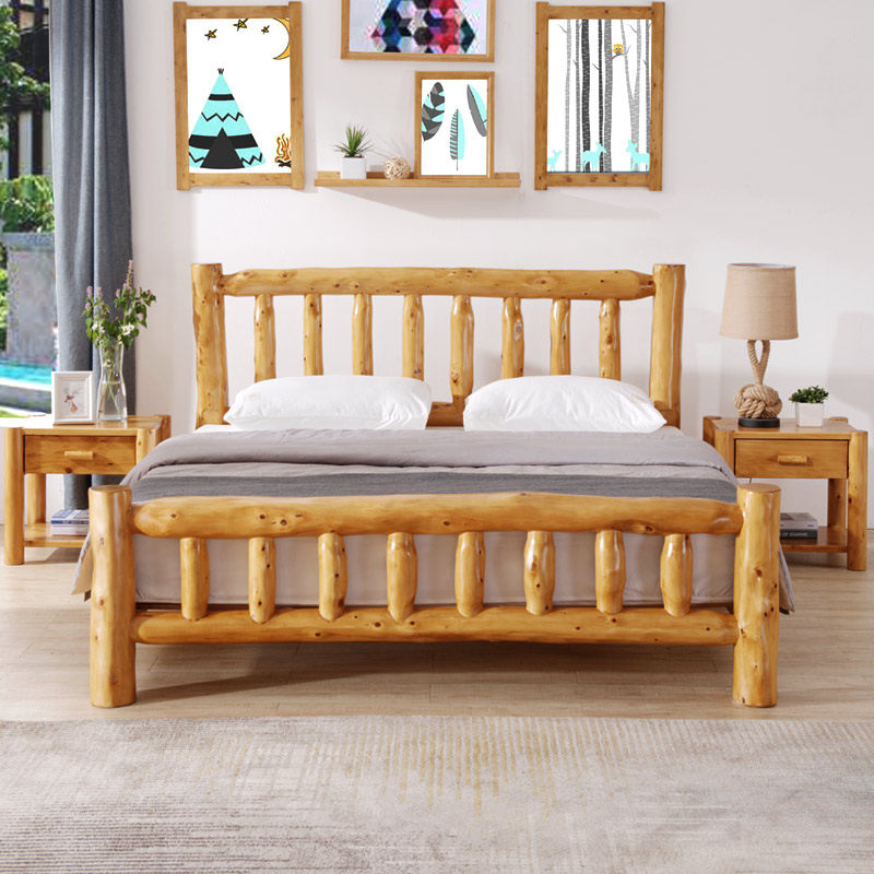 Full solid wood bed log furniture wood net red folk sleeping bed minimalist original eco double modern Chinese hardboard bed
