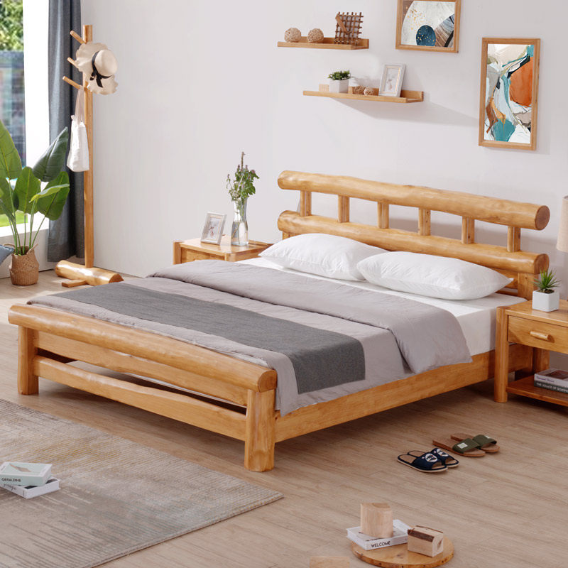 Chinese pure solid wood 1 8 m log bed 1 5 m eco-bed double golden cypress wood bed Minjuku furniture hardboard bed