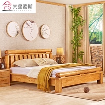 Cypress Modern Chinese full solid wood bed Double bed Simple 1 5 1 8 meters bedroom wedding bed Log double bed